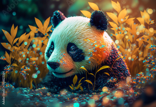 Cute Panda bear close-up in the bamboo forest. Generative AI	
