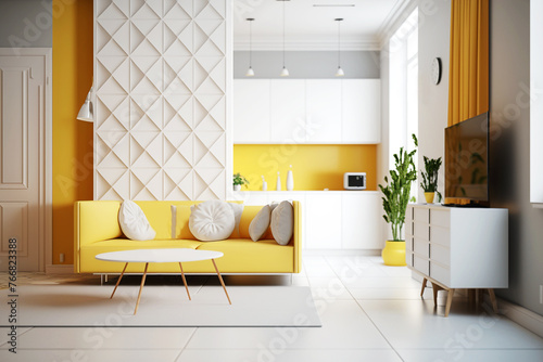 Modern light cozy spacious apartment in pastel colors. Generative AI	