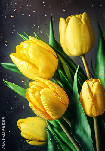 Yellow tulips on pastel color background. Top view. Generative AI	