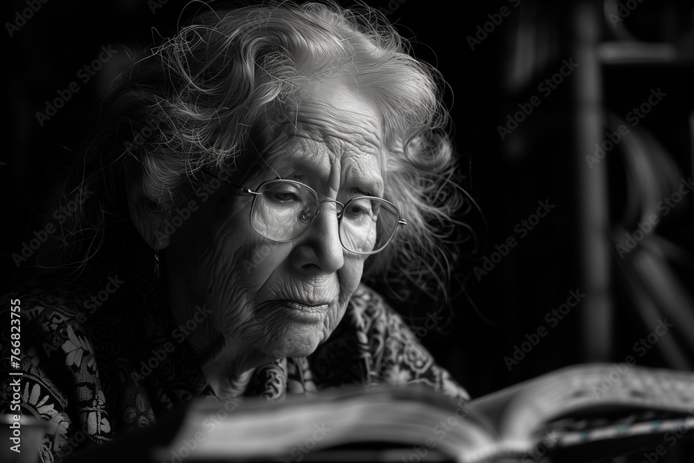 An elderly woman sitting and reading a book in a dark room