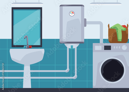 Boiler, electronic water heater on the wall in bathroom, vector house electric heating cold aqua equipment, white tank