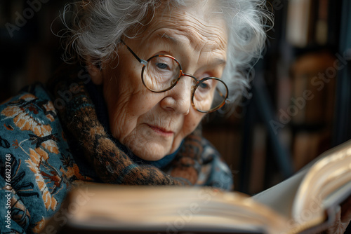 An elderly woman is engrossed in reading a book while seated in a library