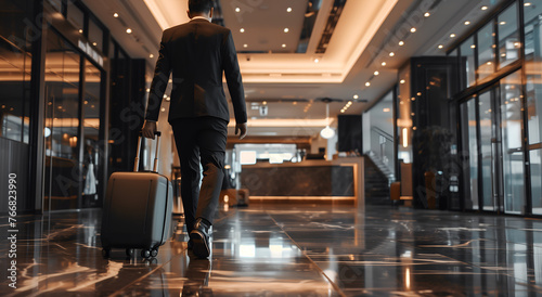 A businessman in a suit with luggage is entering the hotel lobby. A back view of the man walking to the check-in counter depicts a luxury business travel concept. photo