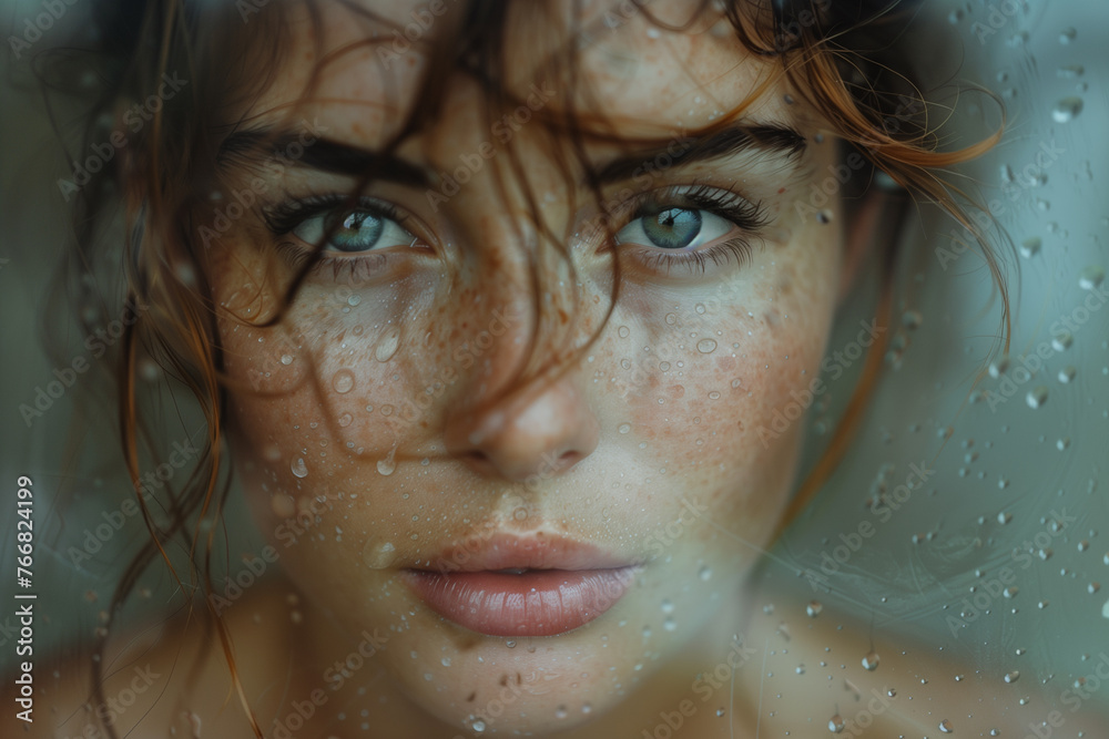 A close up of a woman with wet hair