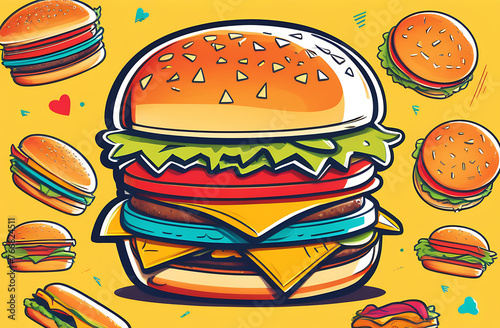 A big and tasty hamburger on a colored background. Lots of tasty hamburgers. © Yury Fedyaev
