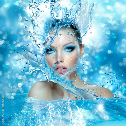 Water splashes and beautiful woman with blue eye makeup on the background of water drops. Beauty fashion model in swimming pool, abstract style, fantasy style. Abstract blue water concept design