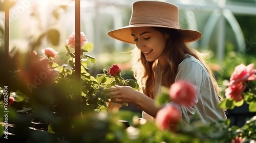 A female gardener in a straw hat takes care of beautiful rose bushes in a garden center. © Yury Fedyaev