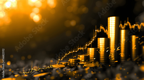 gold illustration with up and down graphs in a capital market with a blurry dark and golden background