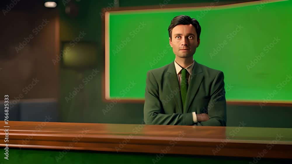 Professional news anchor presenting breaking news on a vibrant green background