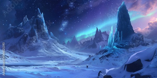 A magical winter wonderland at night, with ice castles, aurora borealis in the sky, and mystical creatures wandering in the snow-covered landscape. Resplendent. © Summit Art Creations