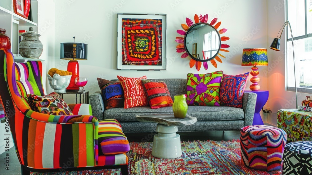 Obraz premium Vibrant eclectic living room with colorful striped armchair and sofa pillows.