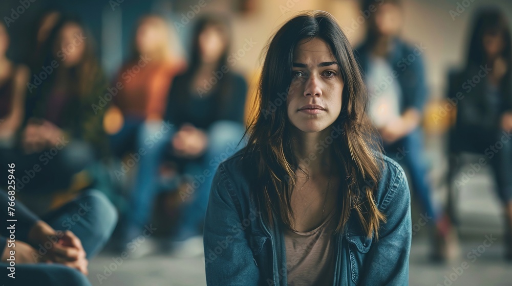 depressed woman at anonymous community support group meeting for mental health and addiction issues