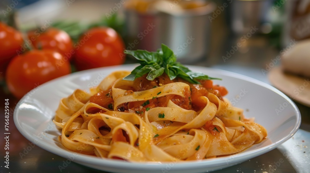 Fresh fettuccine pasta with flour dusting, basil leaves, and tomato on a wooden board