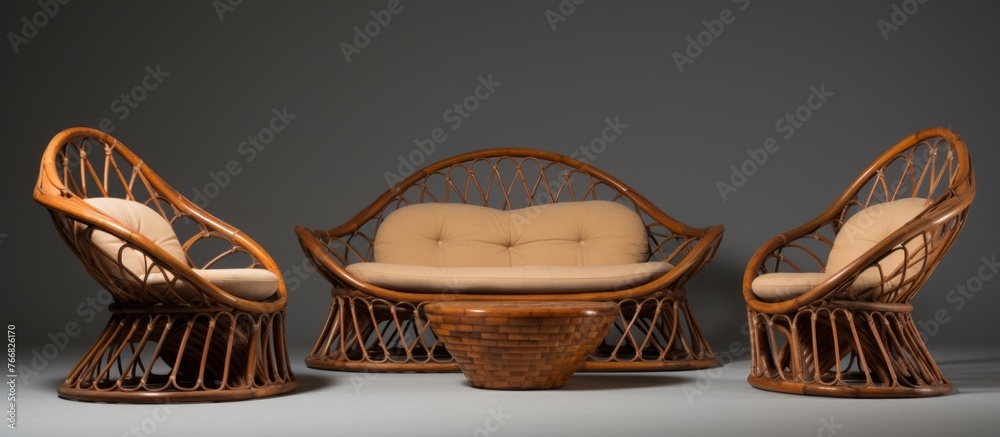 A stylish wicker living room set featuring a couch, chairs, and a coffee table crafted from wood and metal. Perfect for a chic event with elegant tableware and serveware