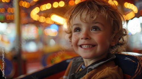 Happy child on a carousel ride at an amusement park with bright lights.