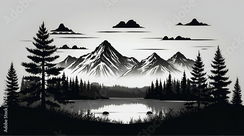 Black silhouette of mountains and fir trees camping adventure wildlife landscape panorama illustration icon vector for logo, isolated on white background. generative.ai