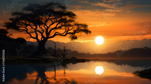 beautiful views at sunset, lake or beach with silhouettes of trees at sunset