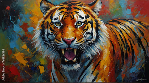 Animal head  portrait art - Colorful abstract oil acrylic painting of colorful tiger  pallet knife on canvas  Generative.Ai  