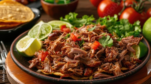 Traditional Mexican shredded pork carnitas in a hot skillet.