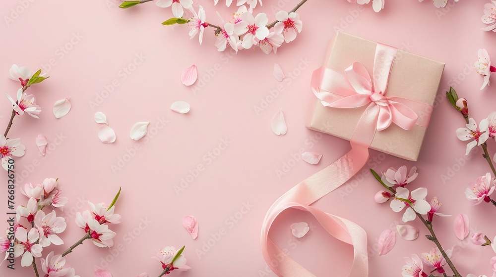 gift box with tiny pale pink satin ribbon and blooming sakura flowers on pale pink background