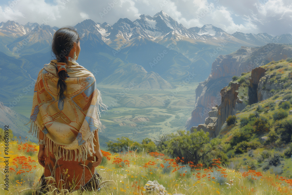 A painting of a Native American woman with a scarf looking out over a valley copy space 
