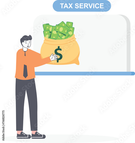 Tax time concept. Businessman or taxpayer pays taxes and pouring out from a bag money. Vector, illustration

