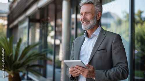 professional businessman standing outside office in suit holding digital tablet and looking away thinking of new ideas and fintech solutions