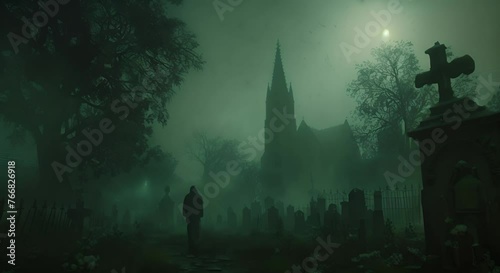 A misty graveyard at night, an ethereal figure hovering above the ground photo