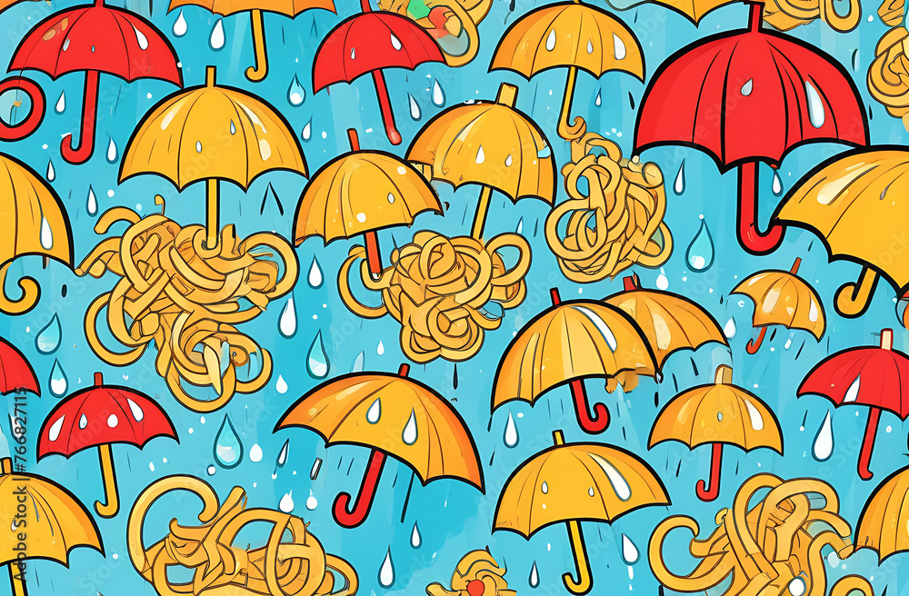 Illustration of an umbrella and macrons, on a colored background.