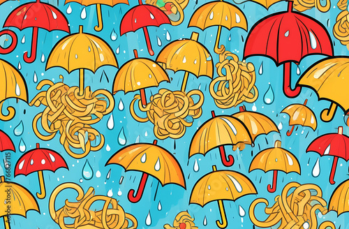 Illustration of an umbrella and macrons, on a colored background. © Yury Fedyaev