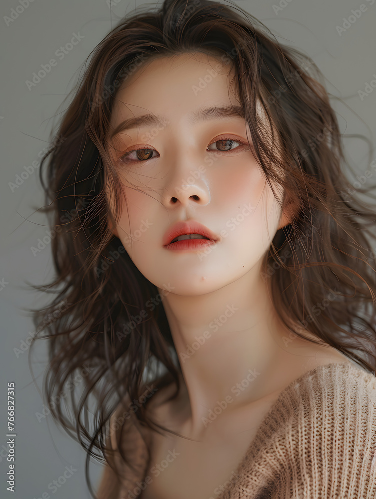Korean girl with plump face, no makeup to highlight skin texture and pores, Generative AI Korean girl with plump face, no makeup to highlight skin texture and pores, Generative AI