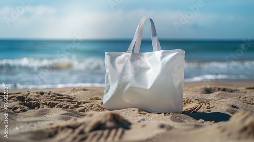 White tote bag on sandy beach with sea in background.