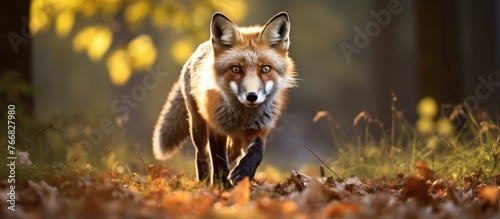 A carnivore from the Felidae family, the red fox with whiskers walks through a natural landscape biome of grass, trees, and forests