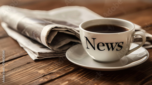 Newspaper with cup of coffee with news text concept