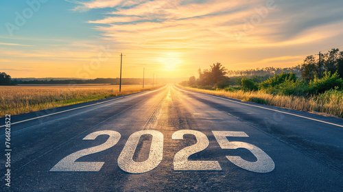 Road to 2025 goal with summer sunrise sky background