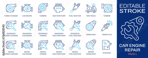 Car engine repair icons, such as turbo charger diagnostics, fuel injector, turbine, spark plug and more. Vector illustration isolated on white. Editable stroke. photo
