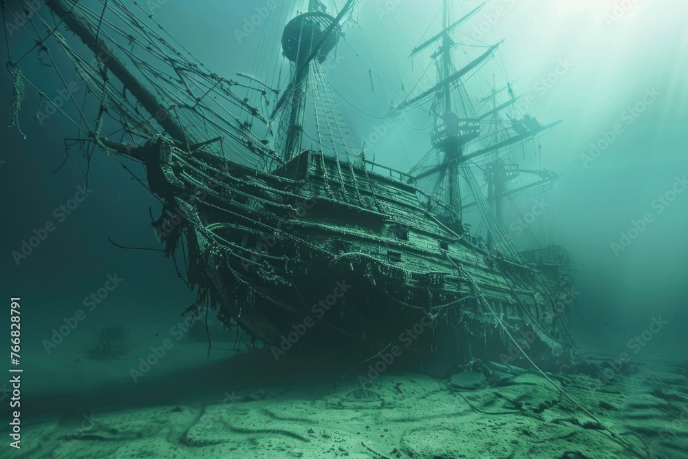 Sunken shipwreck underwater with fish swimming around. - obrazy, fototapety, plakaty 
