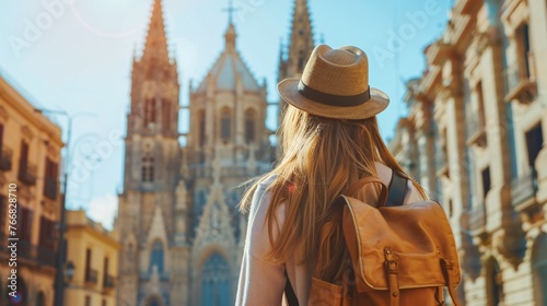 tourist girl enjoying vacation in old town with a backpack and discovering hidden gems
