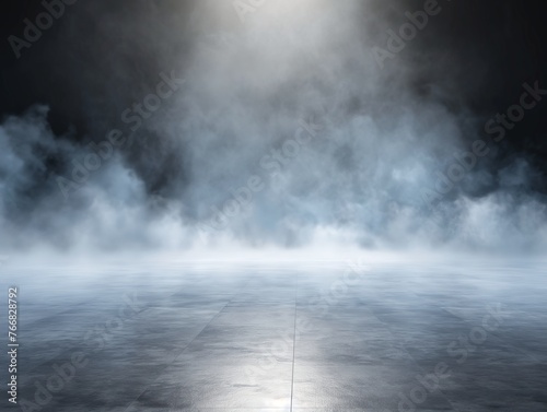 A dramatic scene of dense mist floating above a smooth, dark floor under a cloudy, dimly lit sky.