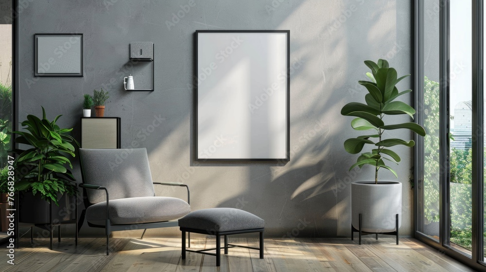 Minimalist interior design with empty frame. Mockup in a modern living room for art display - obrazy, fototapety, plakaty 