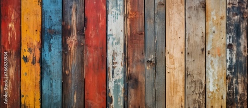 A weathered wooden wall showing signs of age and history, covered in thick layers of colorful paint that have cracked and peeled over time © TheWaterMeloonProjec