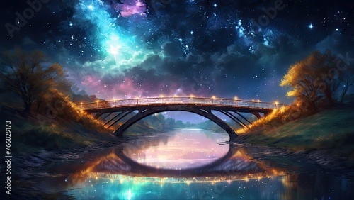 Bridge beside the river with starlight galaxy, celestial beauty, a landscape of tranquility. photo