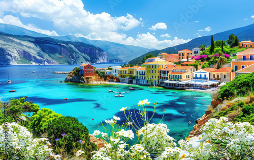 A picturesque view of the colorful houses and lush greenery on the Greek island of Kefalonia, in combination with the clear blue sea, sunny weather, and blooming flowers