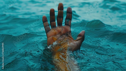 Human hand emerging from ocean water, close-up.