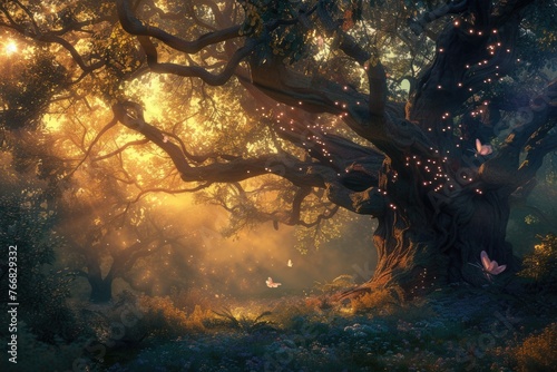 A magical forest at twilight, ethereal light filtering through trees, fairies dancing around an ancient oak. Resplendent. © Summit Art Creations