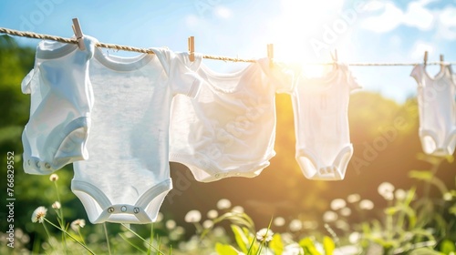 family lifestyle scene with white baby onesies drying on clothesline outdoors in fresh air on sunny day photo