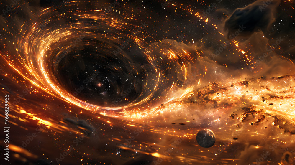 Black Hole in Space Captivating and High-Resolution Illustration Depicting the Phenomenal Power and Gravity of a Celestial Singularity. Generative AI illustration  - obrazy, fototapety, plakaty 