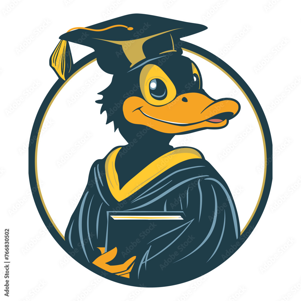 A cartoon duck in graduation attire, depicted as a vector illustration ...