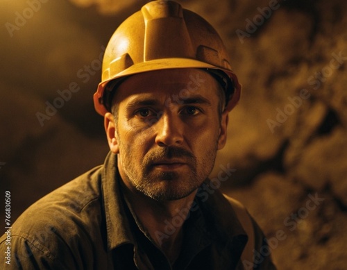 Portrait of an adult male miner in dirty work clothes and a helmet. AI generated.