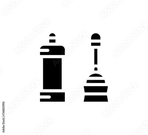 Silhouette Vector bathroom icons. Editable Stroke. Shower, bath, toilet, bidet, mirror, water tap. Laundry and garbage basket. Cosmetics shampoo comb cream. Toilet paper napkins
